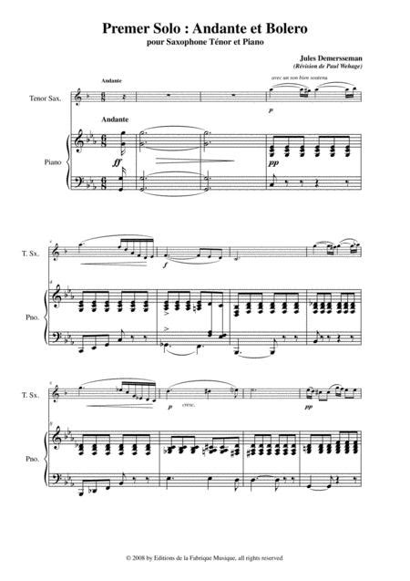 Jules Demersseman : Premier Solo : Andante Et Bolero For Tenor Saxophone And Piano